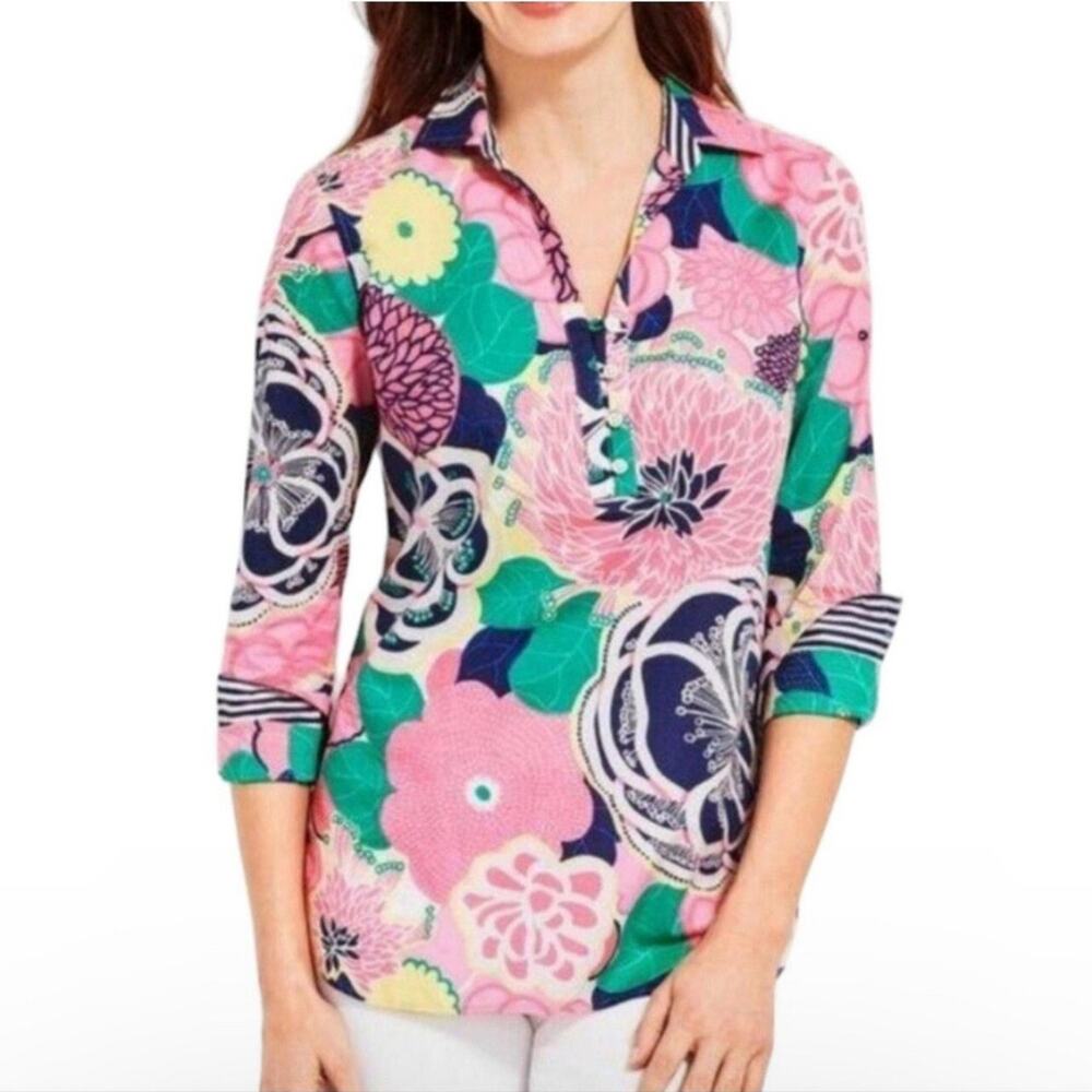 Talbots Women’s Size LP Long Sleeve V-Neck Floral Clip Dot Popover Blouse